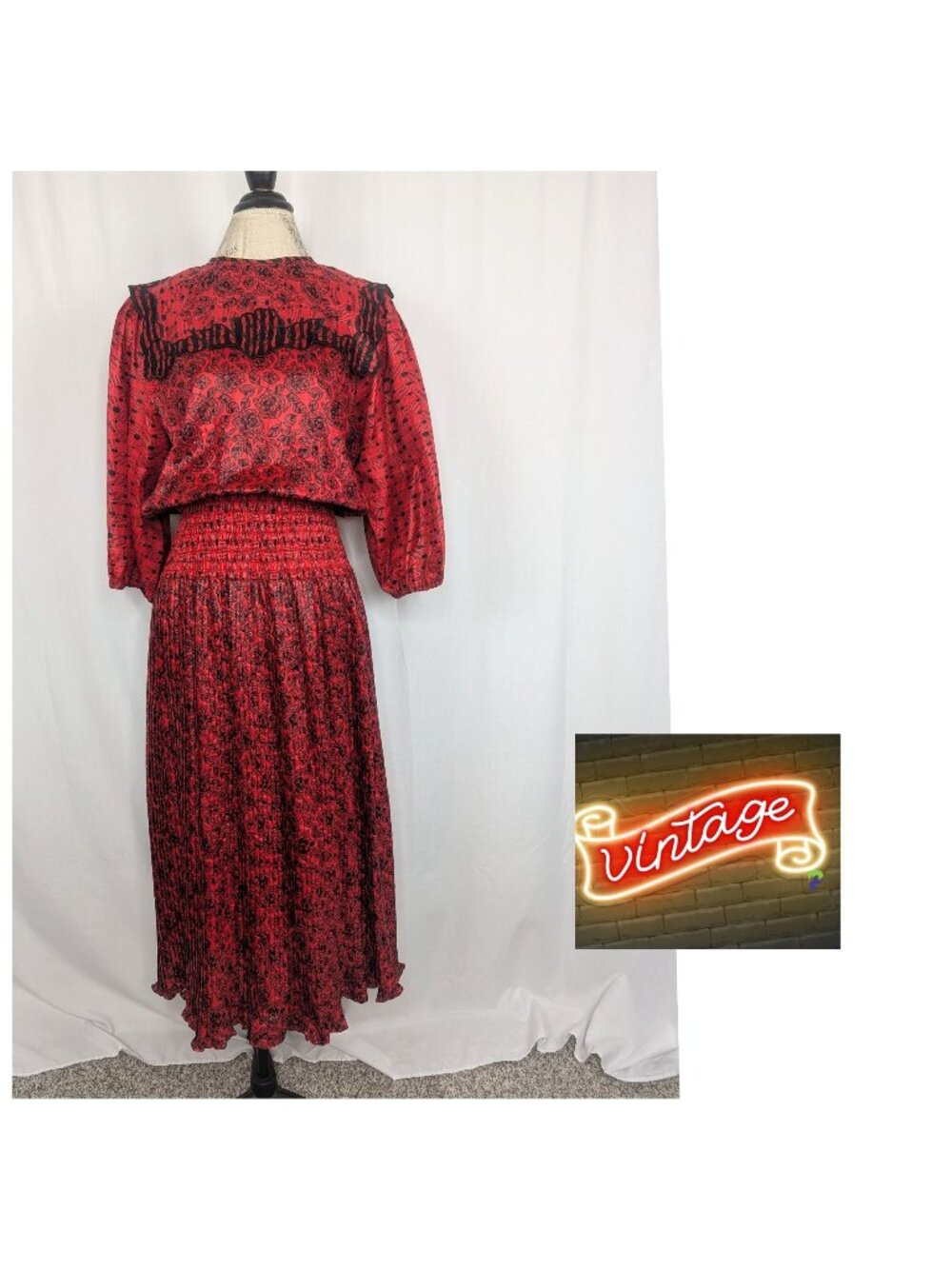 Vintage Diane Freis Red Dress Medium Midi Smocked Waist